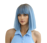 Ombre Light Blue Short Straight Blunt Cut Bob Wig with Bangs